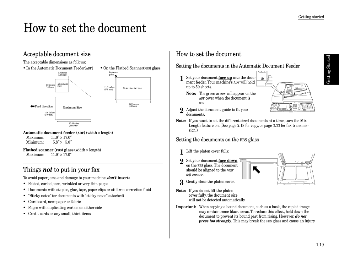 Muratec Fax Machine How to set the document, Acceptable document size, Things not to put in your fax, Started 