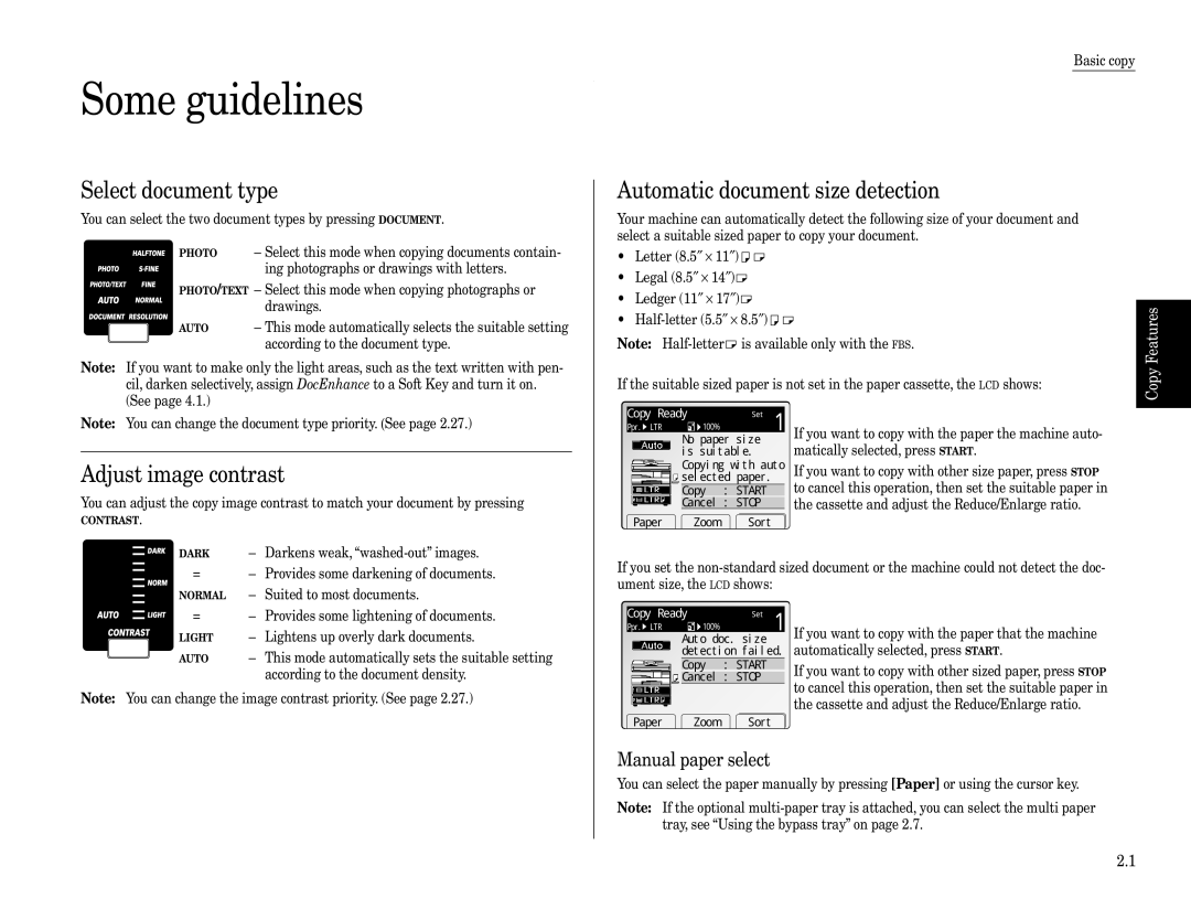 Muratec Fax Machine Some guidelines, Select document type, Adjust image contrast, Automatic document size detection 