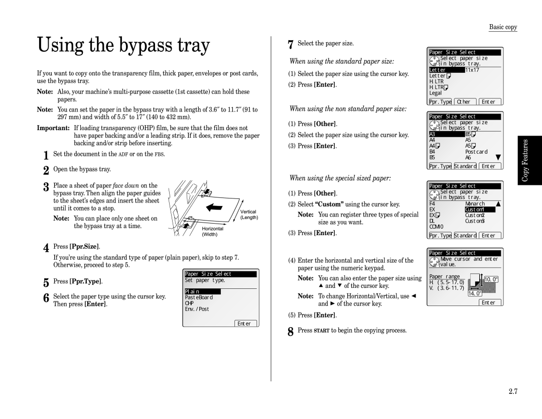 Muratec Fax Machine Using the bypass tray, When using the standard paper size, When using the non standard paper size 