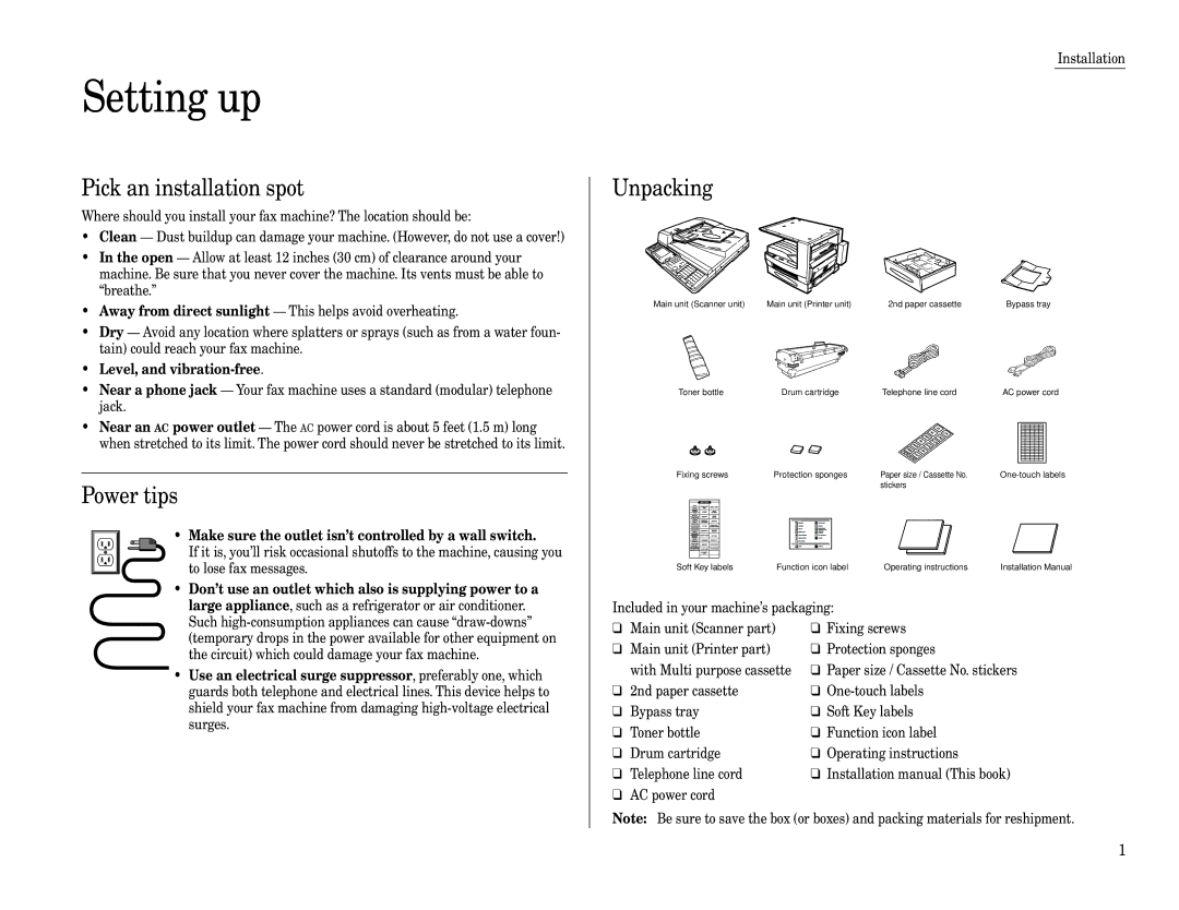 Muratec Fax Machine installation manual Setting up, Pick an installation spot, Power tips, Unpacking 