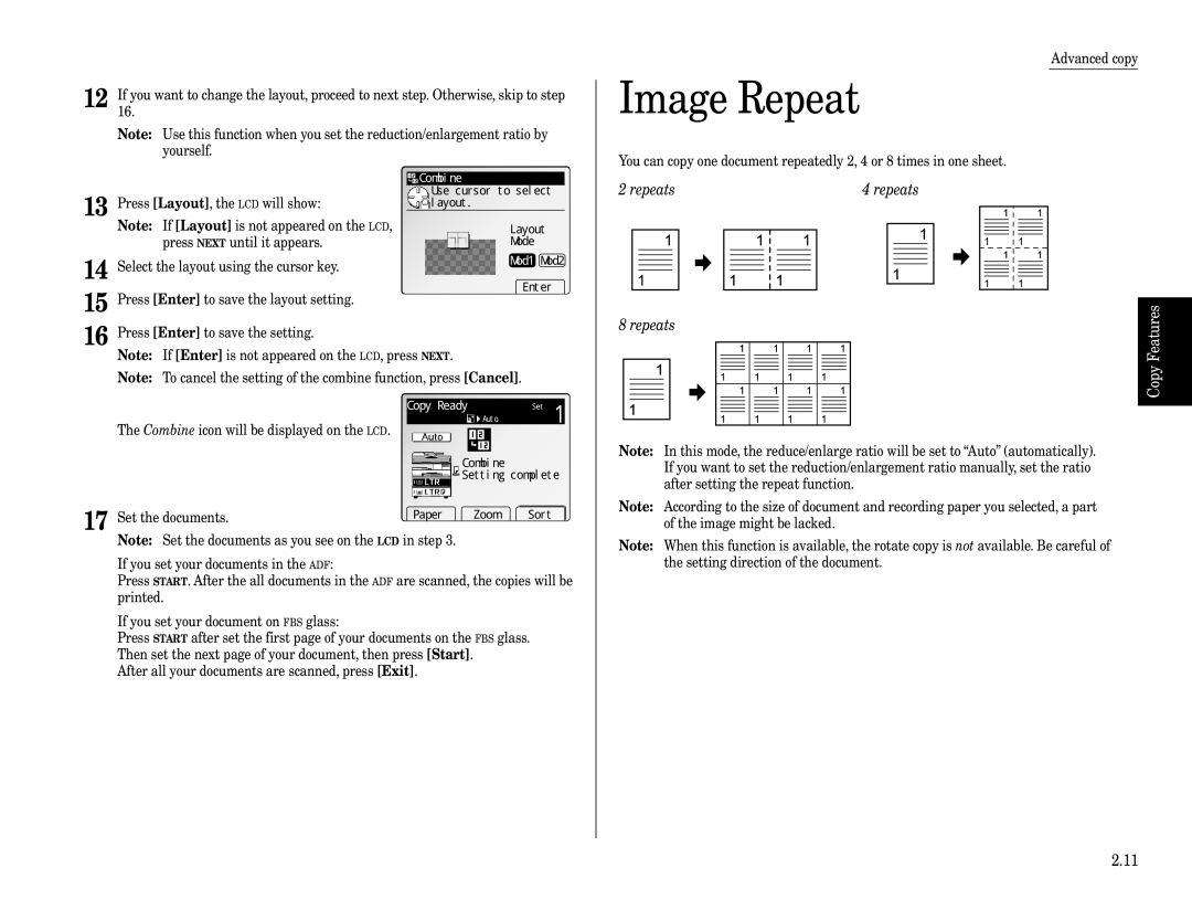 Muratec Fax Machine installation manual Image Repeat, Repeats Features Copy, Mode, Combine 