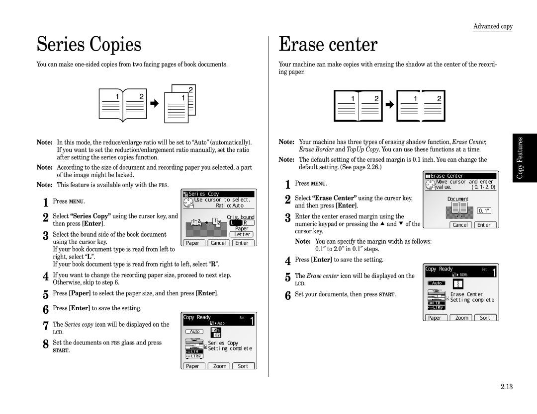 Muratec Fax Machine installation manual Series Copies, Erase center, Features, Copy 