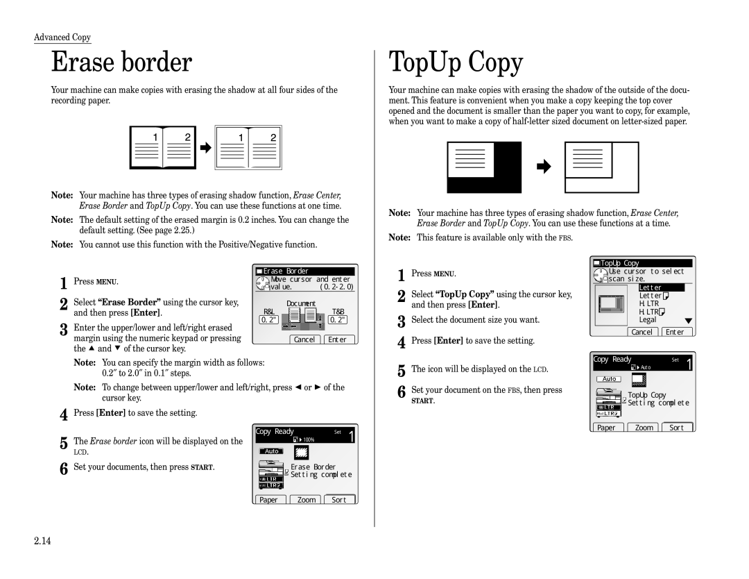 Muratec Fax Machine installation manual Erase border, TopUp Copy, Erase Border 