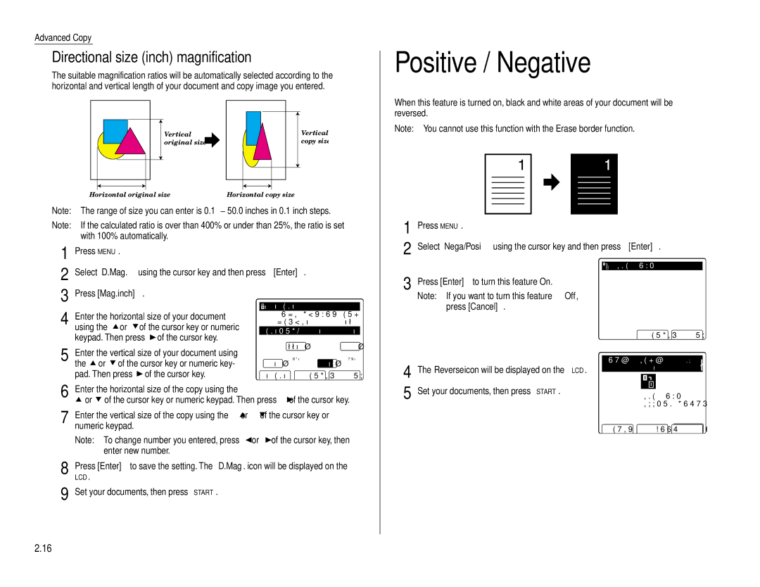 Muratec Fax Machine installation manual Positive / Negative, Directional size inch magnification, H. ---%, Nega/Posi 