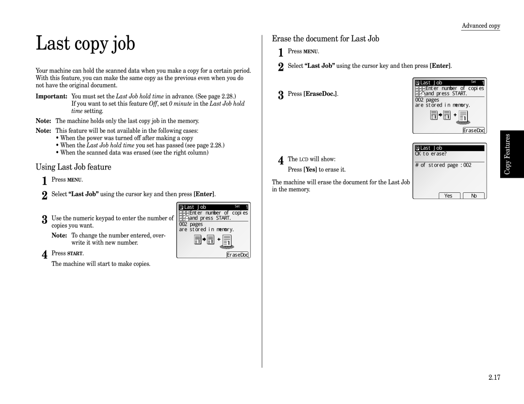 Muratec Fax Machine installation manual Last copy job, Using Last Job feature, Erase the document for Last Job, Last JobSet 