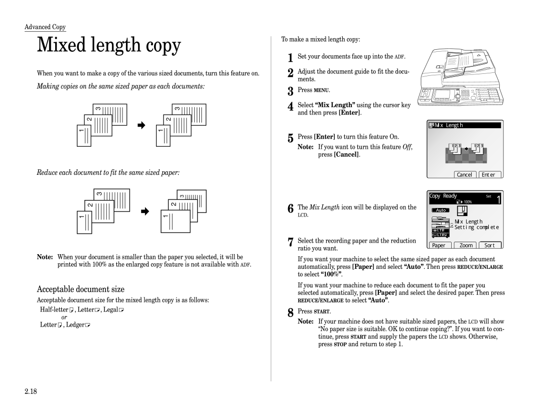 Muratec Fax Machine installation manual Mixed length copy, Acceptable document size, Mix Length, Enter 