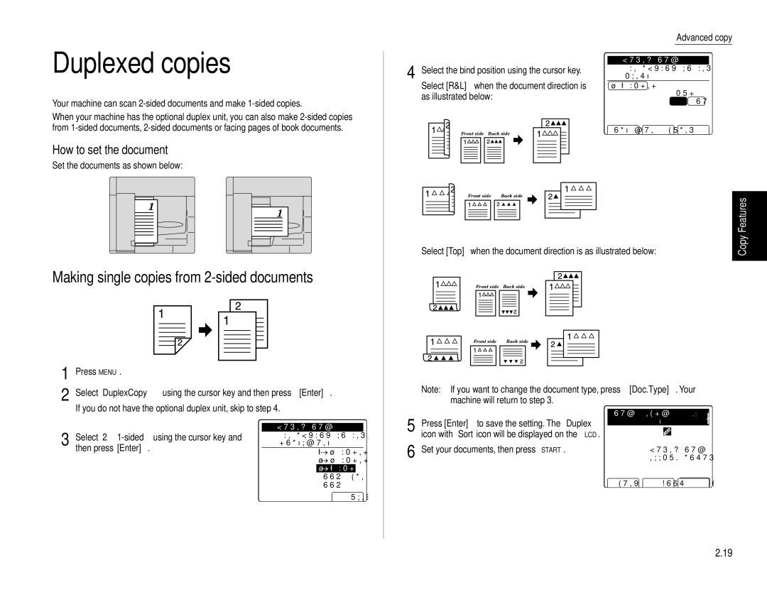 Muratec Fax Machine Duplexed copies, Making single copies from 2-sided documents, How to set the document, DuplexCopy, Top 