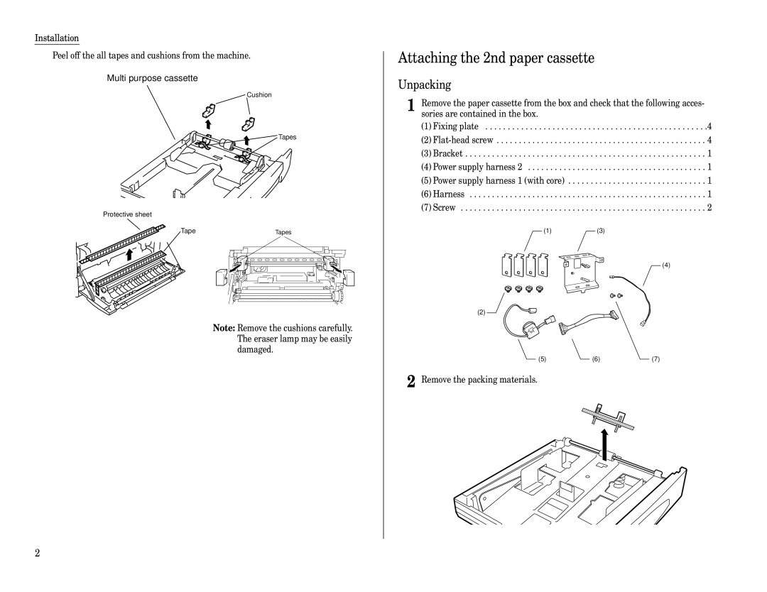 Muratec Fax Machine installation manual Attaching the 2nd paper cassette, Unpacking 