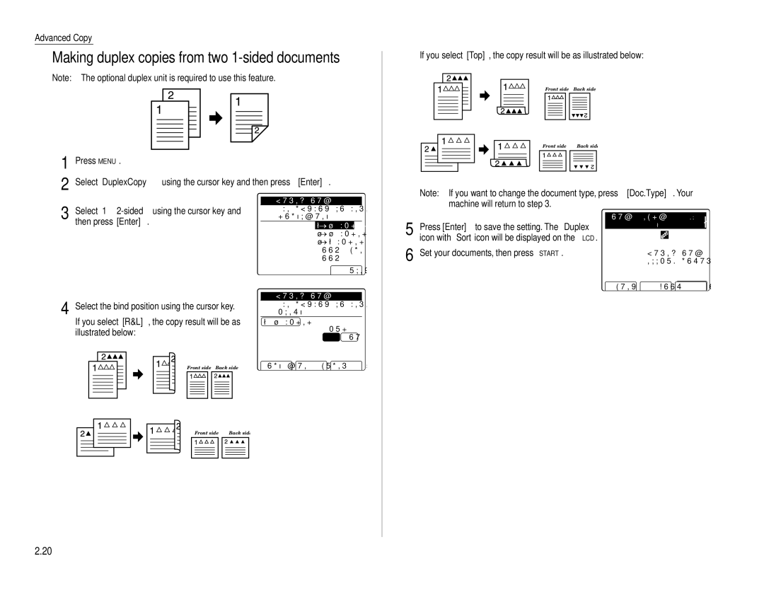 Muratec Fax Machine Making duplex copies from two 1-sided documents, Use cursor to select doc.type, Sided 