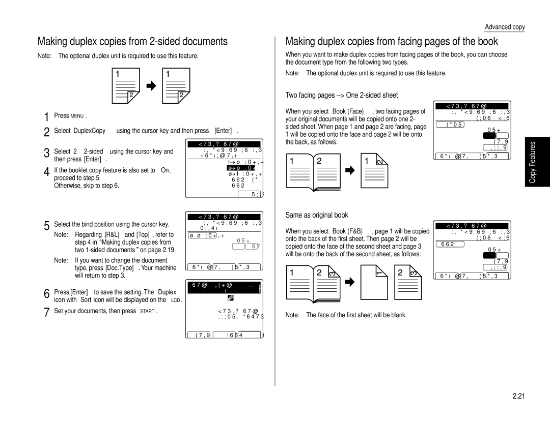 Muratec Fax Machine Making duplex copies from 2-sided documents, Making duplex copies from facing pages of the book 