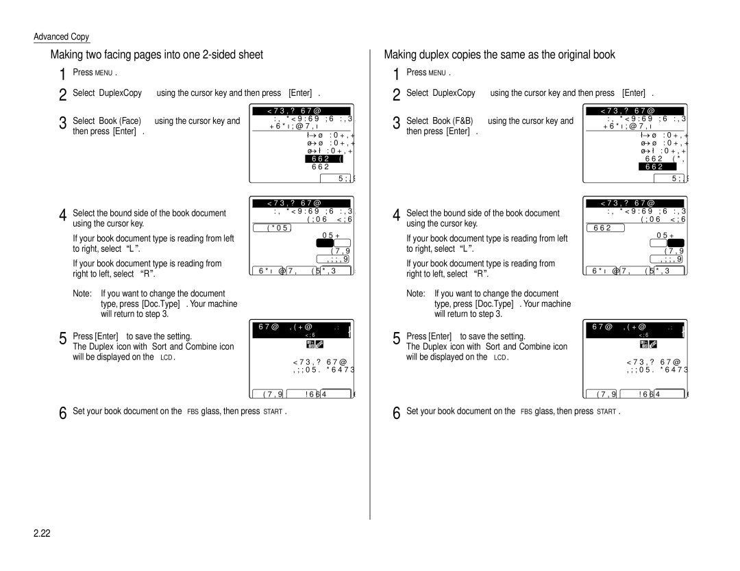 Muratec Fax Machine Making two facing pages into one 2-sided sheet, Making duplex copies the same as the original book 