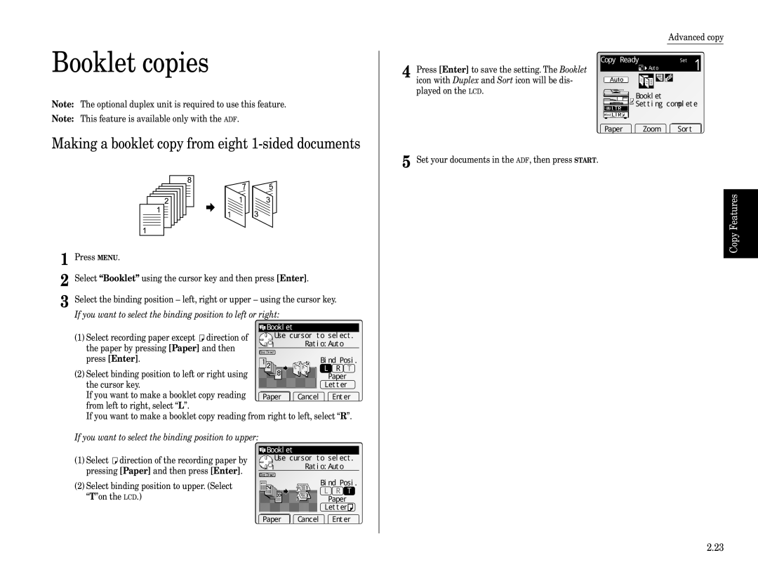 Muratec Fax Machine Booklet copies, Making a booklet copy from eight 1-sided documents, Booklet Setting complete 