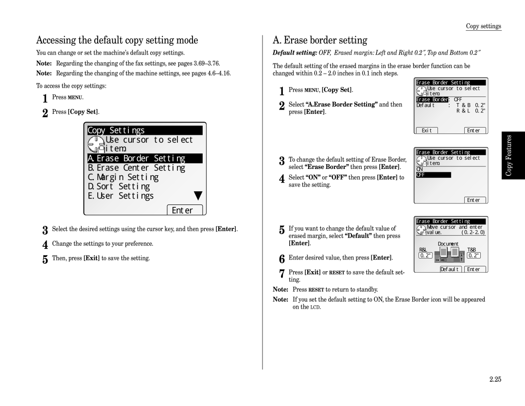 Muratec Fax Machine installation manual Accessing the default copy setting mode, Erase border setting, Erase Border Setting 