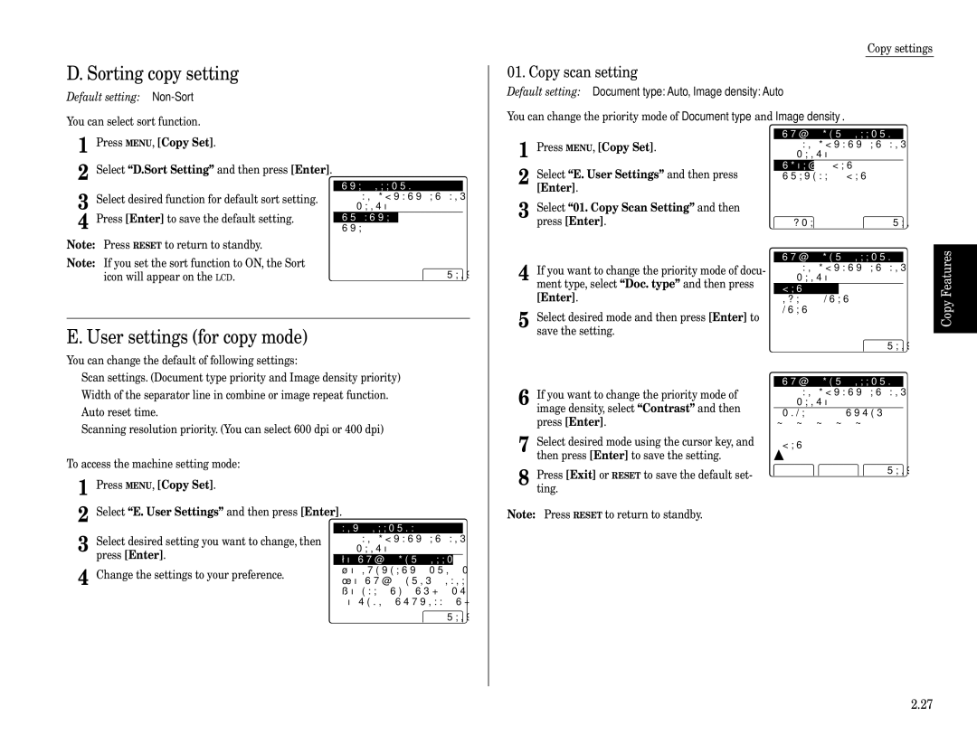 Muratec Fax Machine installation manual Sorting copy setting, User settings for copy mode, Copy scan setting 