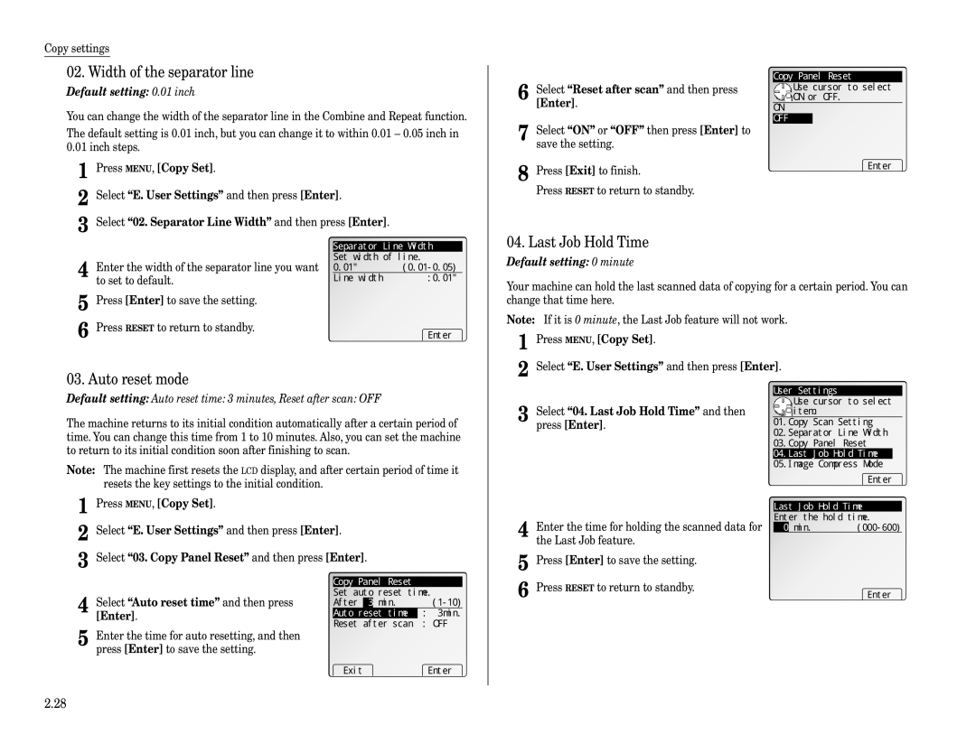 Muratec Fax Machine installation manual Width of the separator line, Auto reset mode, Last Job Hold Time 