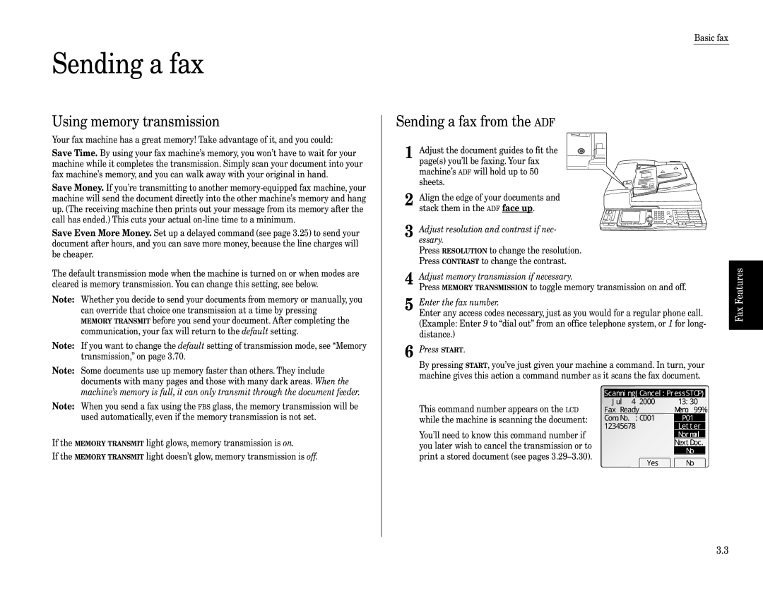 Muratec Fax Machine Using memory transmission, Sending a fax from the ADF, ScanningCancelPressSTOP, P01 