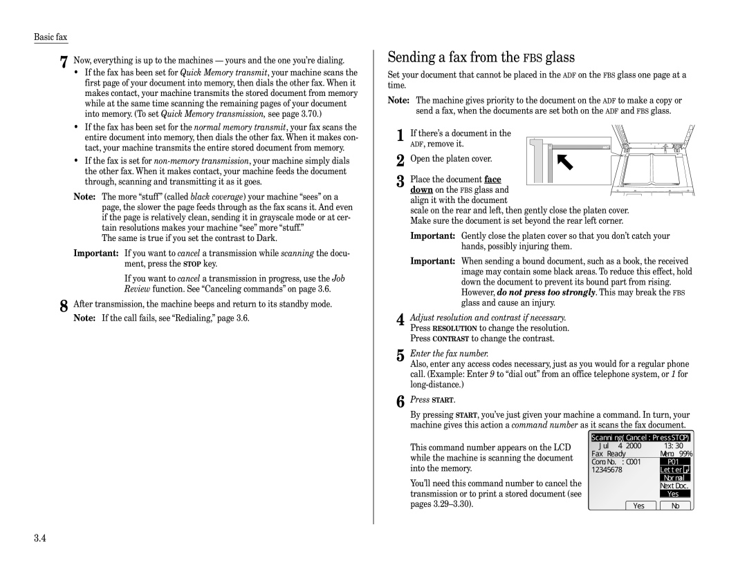 Muratec Fax Machine installation manual Sending a fax from the FBS glass, Yes 