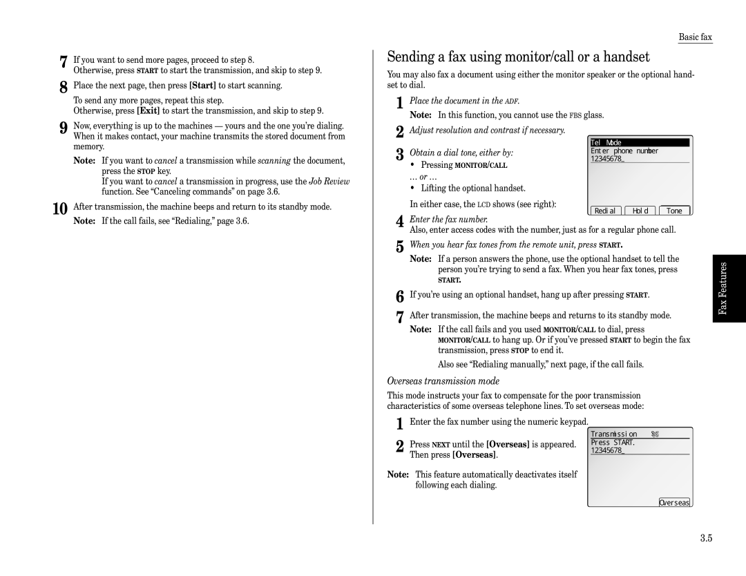 Muratec Fax Machine Sending a fax using monitor/call or a handset, Fax Features Getting Started, Transmission, Overseas 