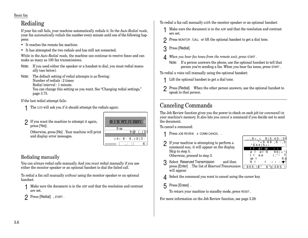 Muratec Fax Machine Canceling Commands, Redialing manually, All redials failed, C001 15/2130 L.A.Office 