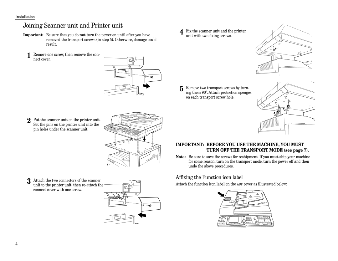 Muratec Fax Machine installation manual Joining Scanner unit and Printer unit, Affixing the Function icon label 