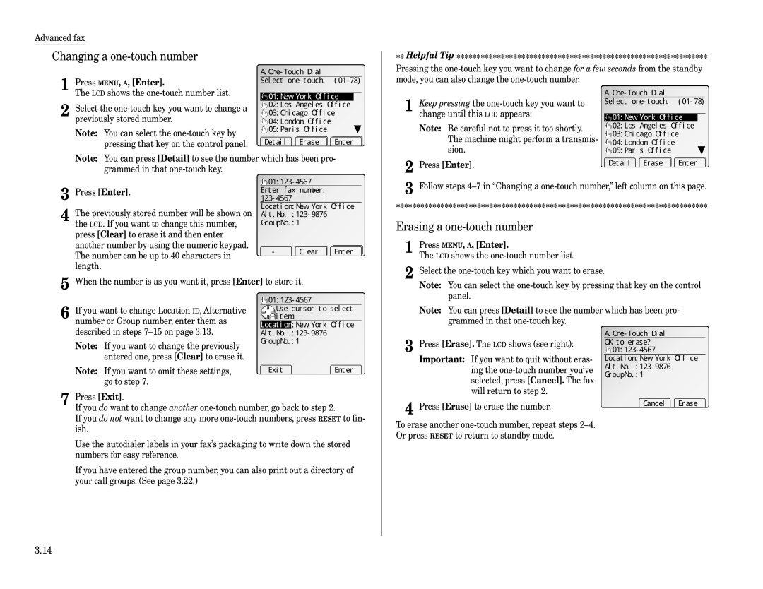 Muratec Fax Machine installation manual Changing a one-touch number, Erasing a one-touch number, 01New York Office 