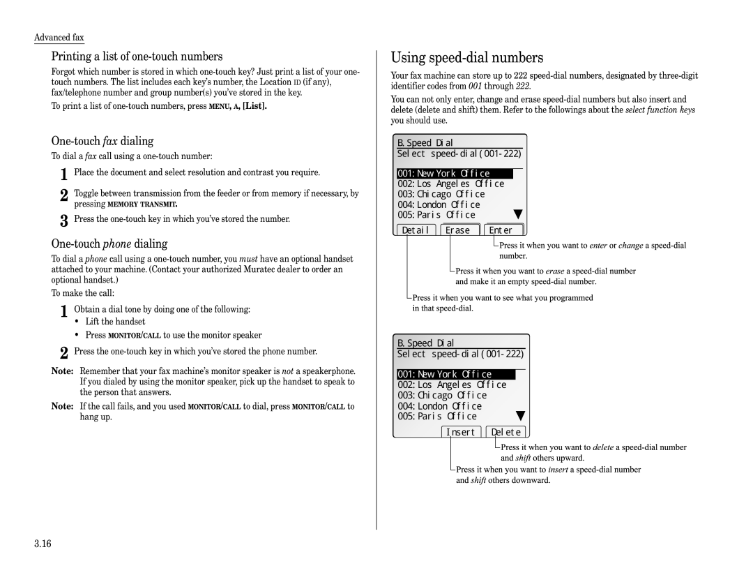 Muratec Fax Machine Using speed-dial numbers, Printing a list of one-touch numbers, One-touch fax dialing 