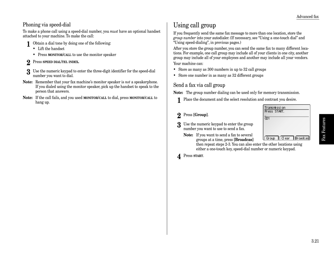 Muratec Fax Machine Using call group, Phoning via speed-dial, Send a fax via call group, G01, Group Clear Broadcas 