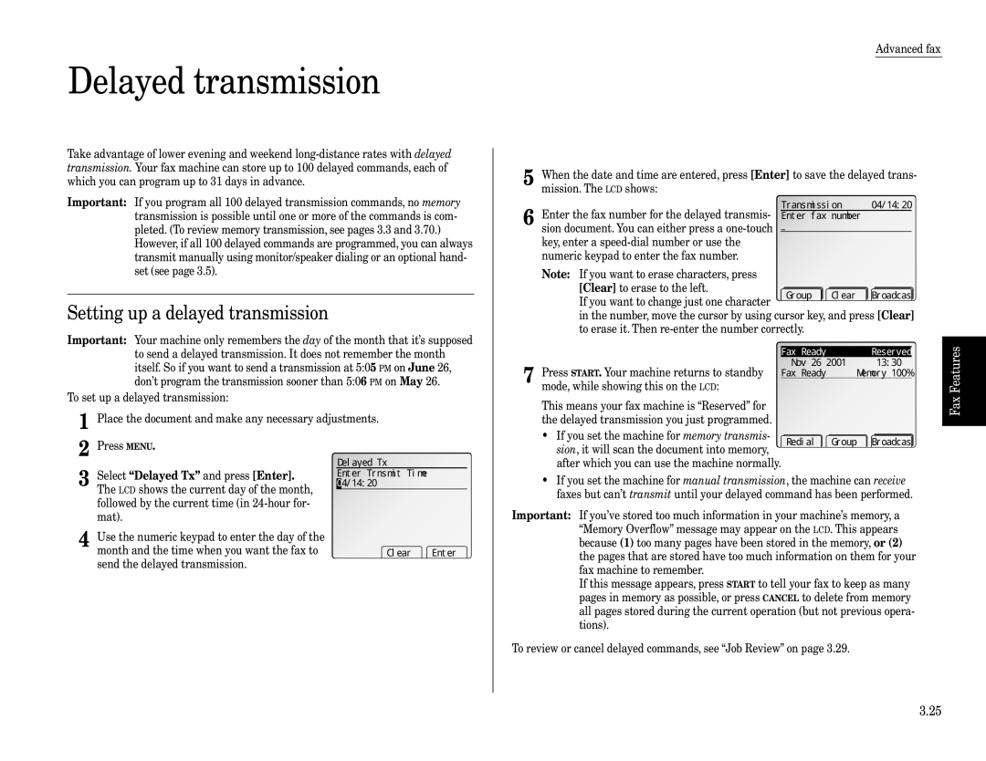 Muratec Fax Machine installation manual Delayed transmission, Setting up a delayed transmission 