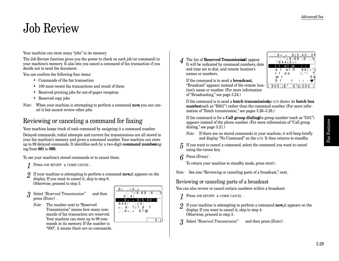 Muratec Fax Machine Job Review, Reviewing or canceling a command for faxing, Reviewing or canceling parts of a broadcast 