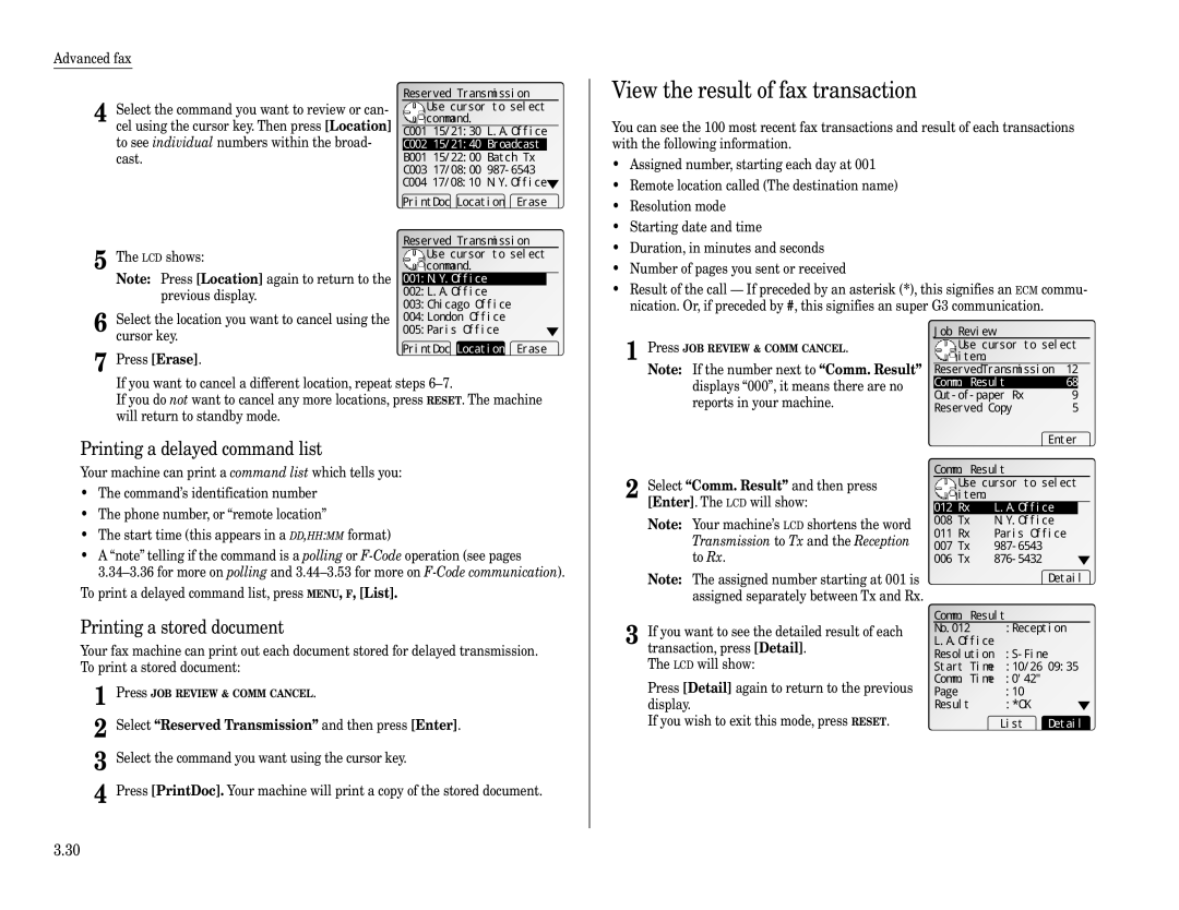 Muratec Fax Machine View the result of fax transaction, Printing a delayed command list, Printing a stored document 