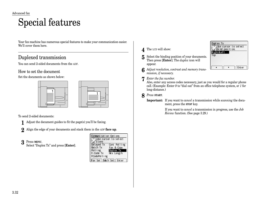 Muratec Fax Machine installation manual Special features, Duplexed transmission, Duplex Tx 