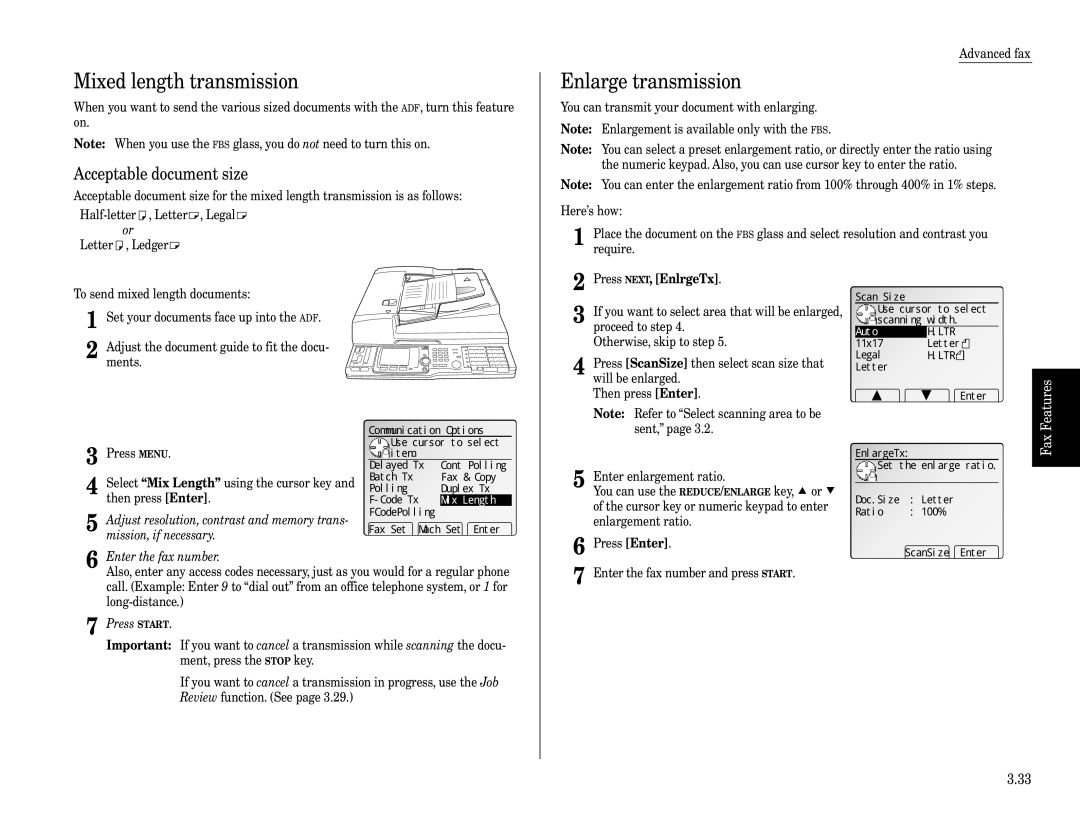 Muratec Fax Machine Mixed length transmission, Enlarge transmission, Polling Duplex Tx Code Tx, Auto H.LTR, ScanSize Enter 