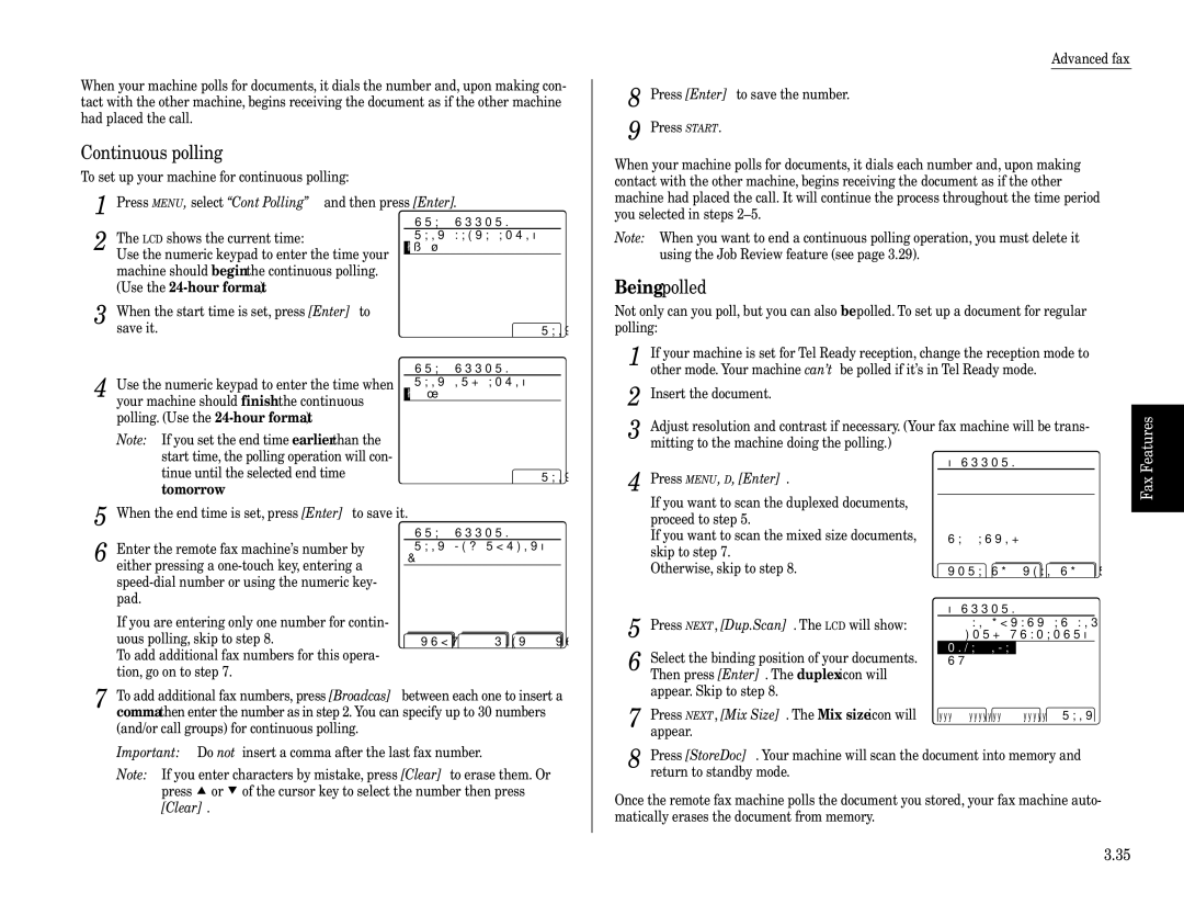 Muratec Fax Machine installation manual Continuous polling, Press MENU, D, Enter, Not Stored, PrintDoc EraseDoc Enter 