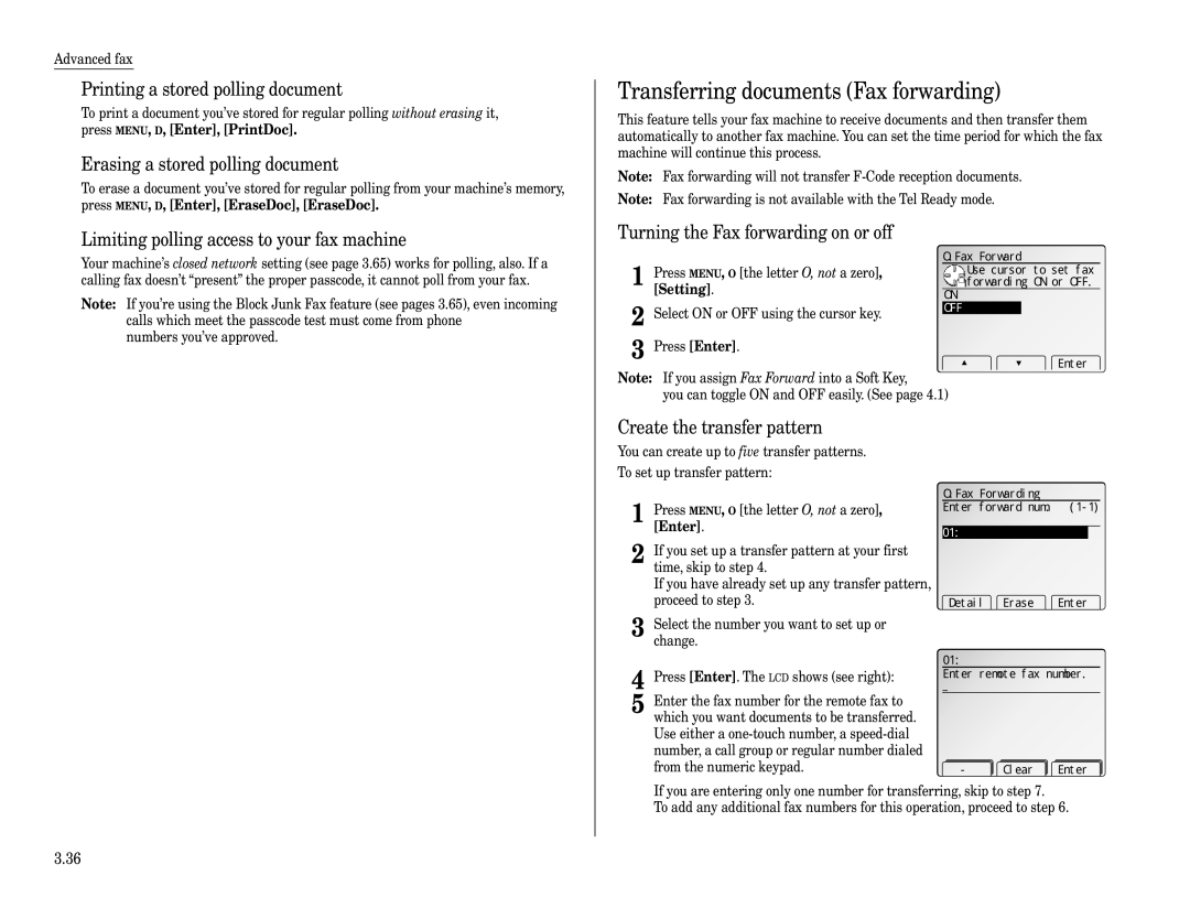 Muratec Fax Machine installation manual Transferring documents Fax forwarding 