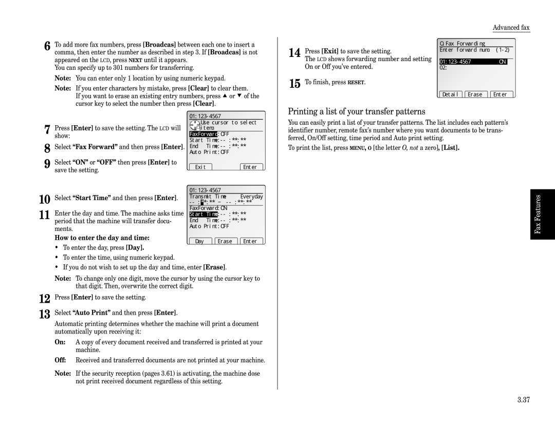 Muratec Fax Machine installation manual Printing a list of your transfer patterns, FeaturesFax, Start Time 