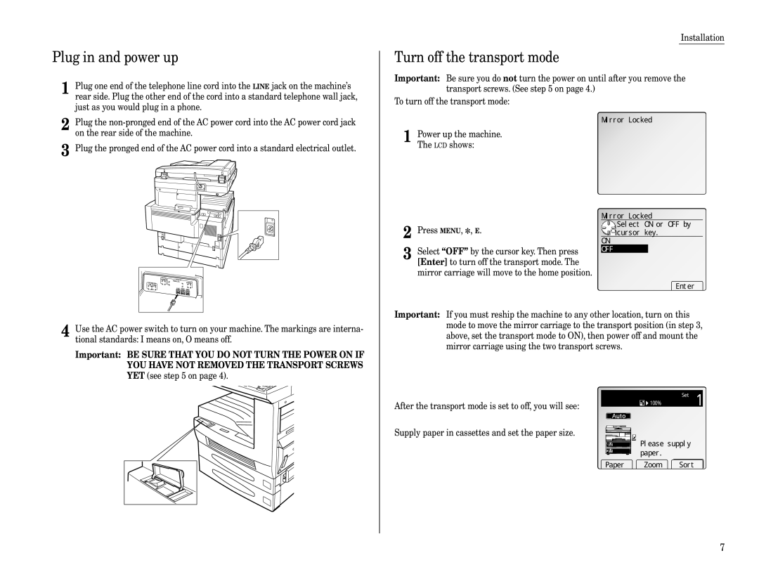 Muratec Fax Machine installation manual Plug in and power up, Turn off the transport mode 