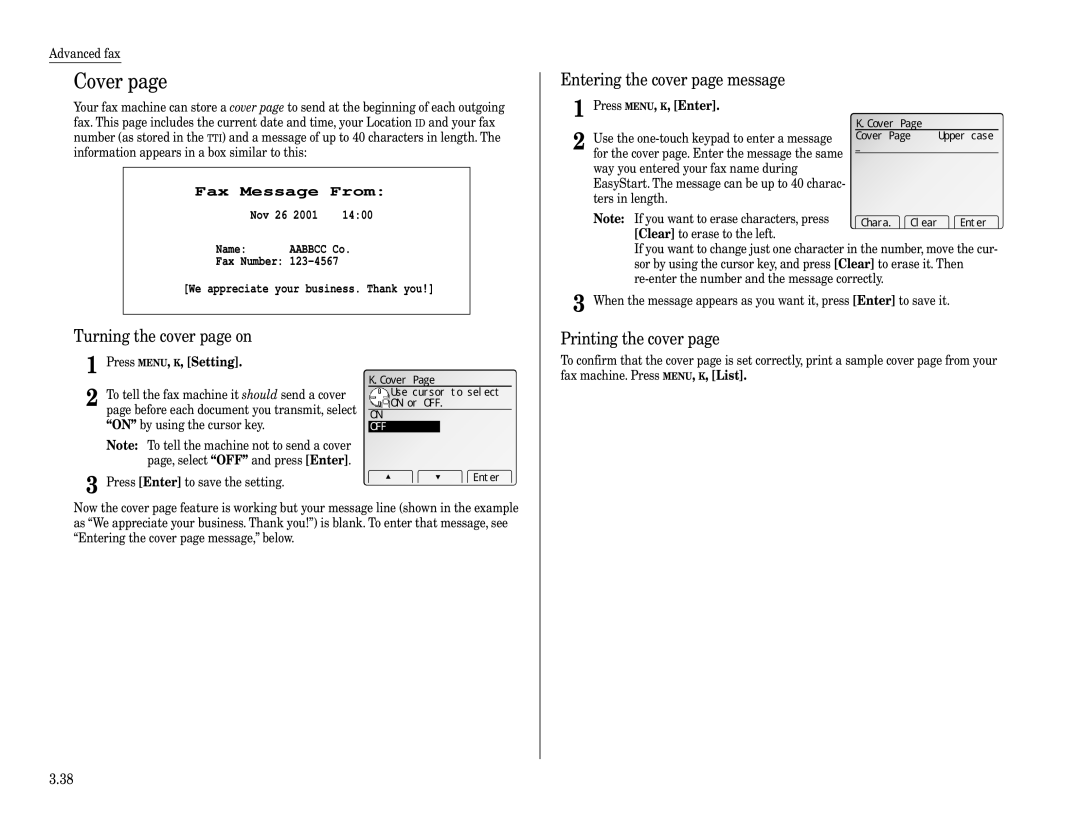 Muratec Fax Machine Cover, Entering the cover page message, Turning the cover page on, Printing the cover 