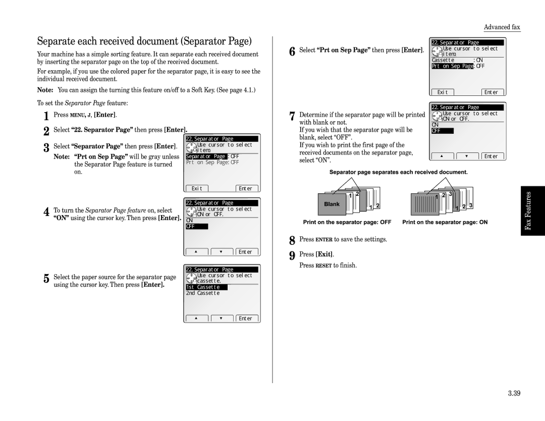 Muratec Fax Machine installation manual Separate each received document Separator, Features Getting Started, Cassette 