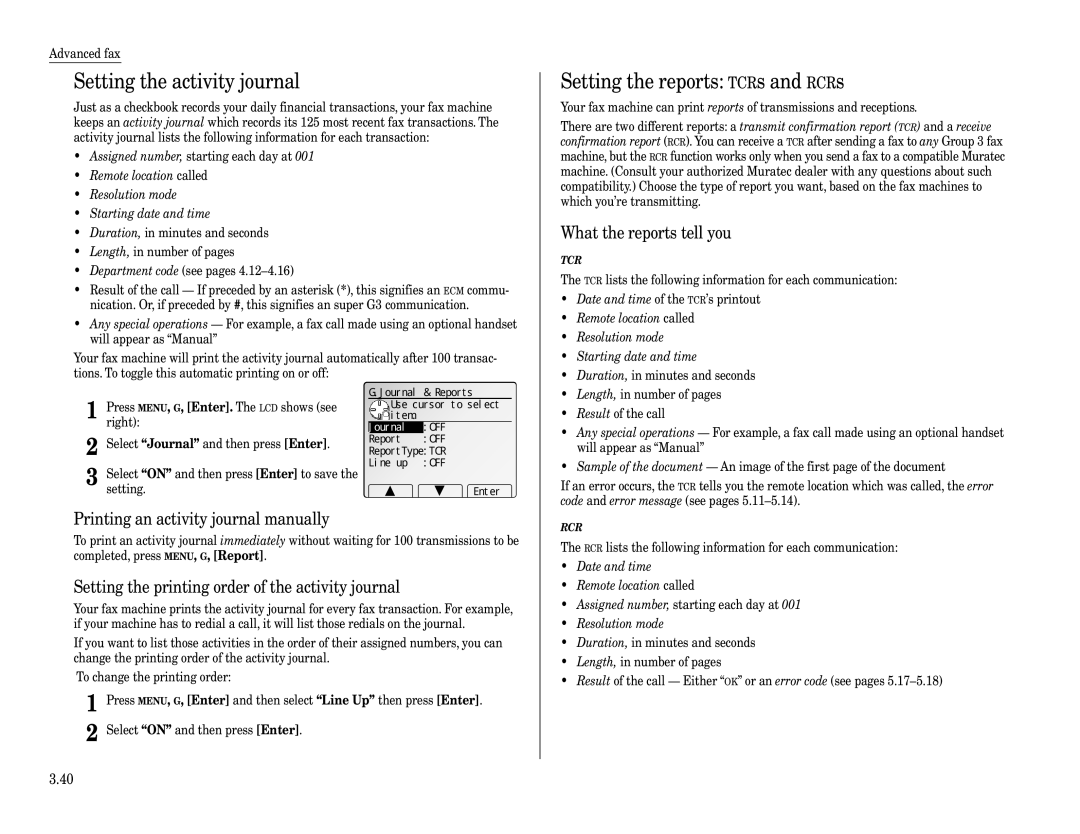 Muratec Fax Machine Setting the activity journal, Setting the reports TCRs and RCRs, What the reports tell you 