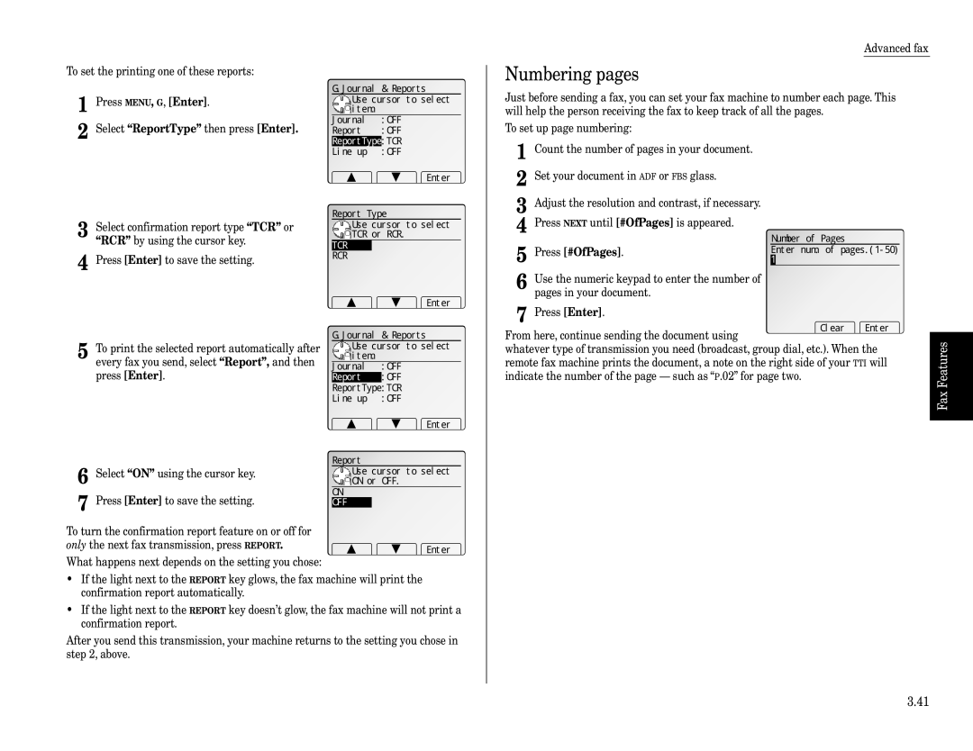 Muratec Fax Machine installation manual Numbering pages, ReportTypeTCR, Report OFF 