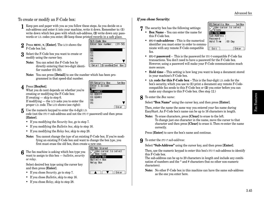 Muratec Fax Machine installation manual To create or modify an F-Code box, Box Name, Security Box 