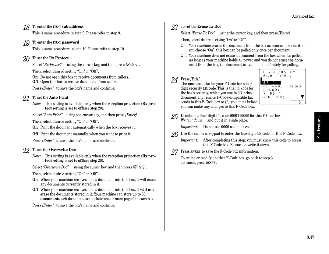 Muratec Fax Machine installation manual Getting Started, Password Px Protect, Auto Print Enter, To set the Overwrite Doc 