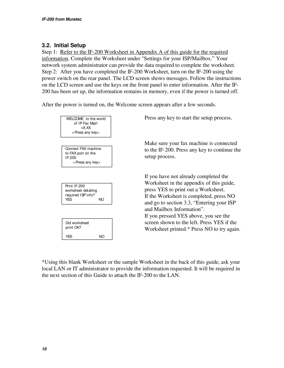 Muratec IF-200 operating instructions Initial Setup 