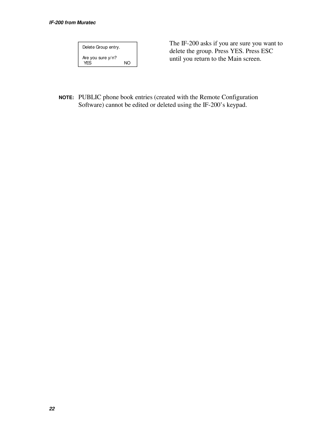 Muratec IF-200 operating instructions Delete Group entry Are you sure y/n? 
