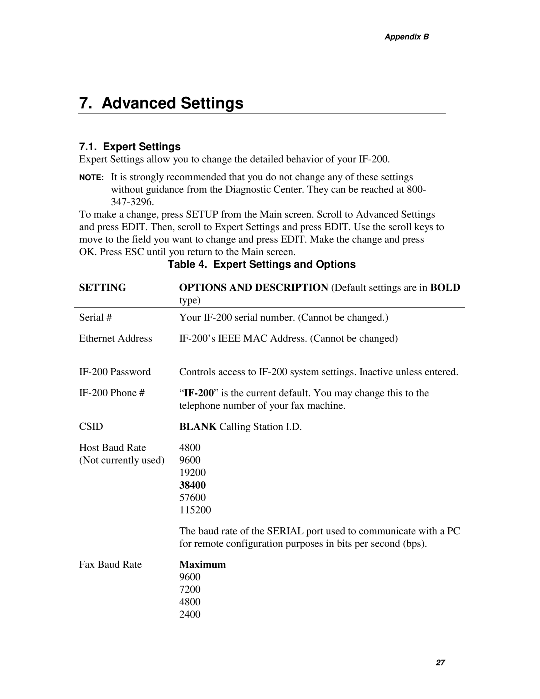 Muratec IF-200 operating instructions Advanced Settings, Expert Settings and Options 