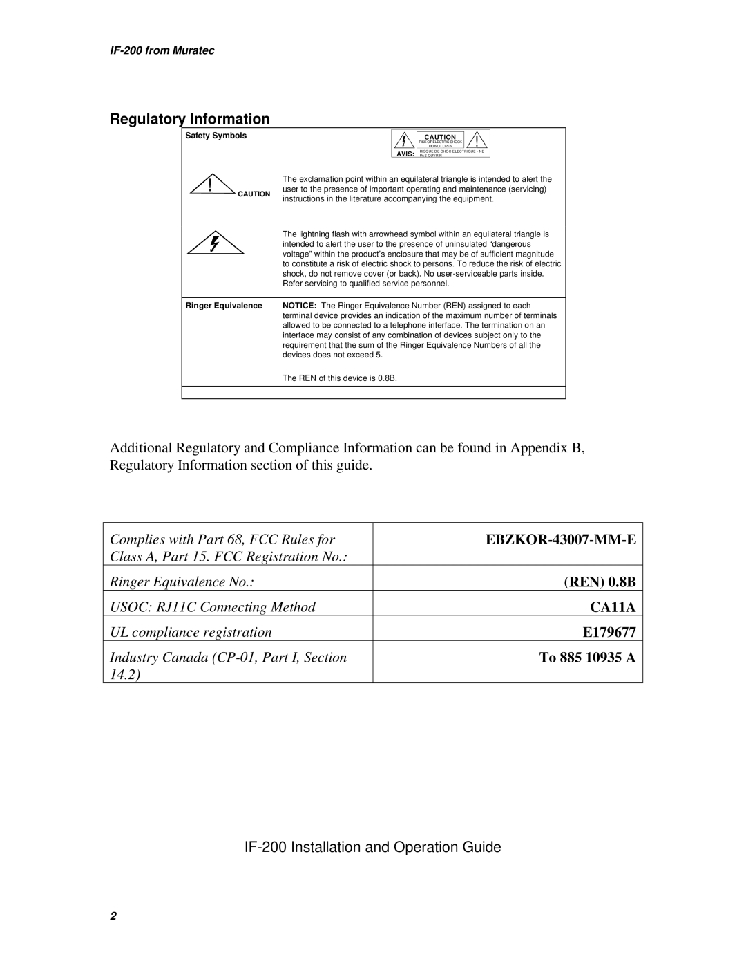 Muratec IF-200 operating instructions Regulatory Information, Safety Symbols 