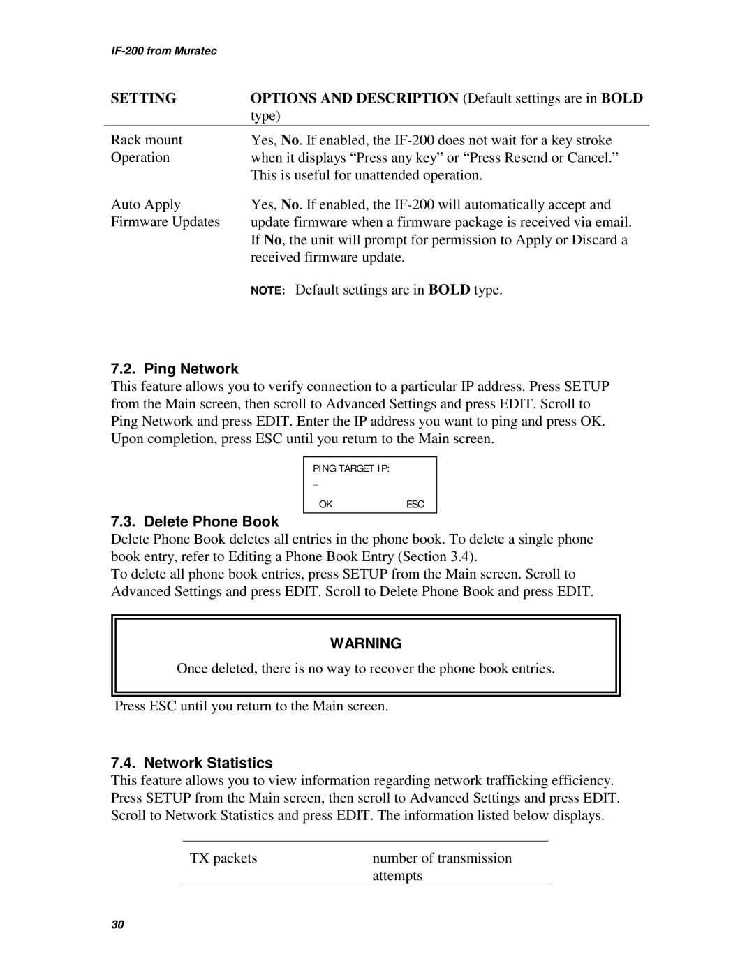 Muratec IF-200 operating instructions Ping Network, Delete Phone Book, Network Statistics 