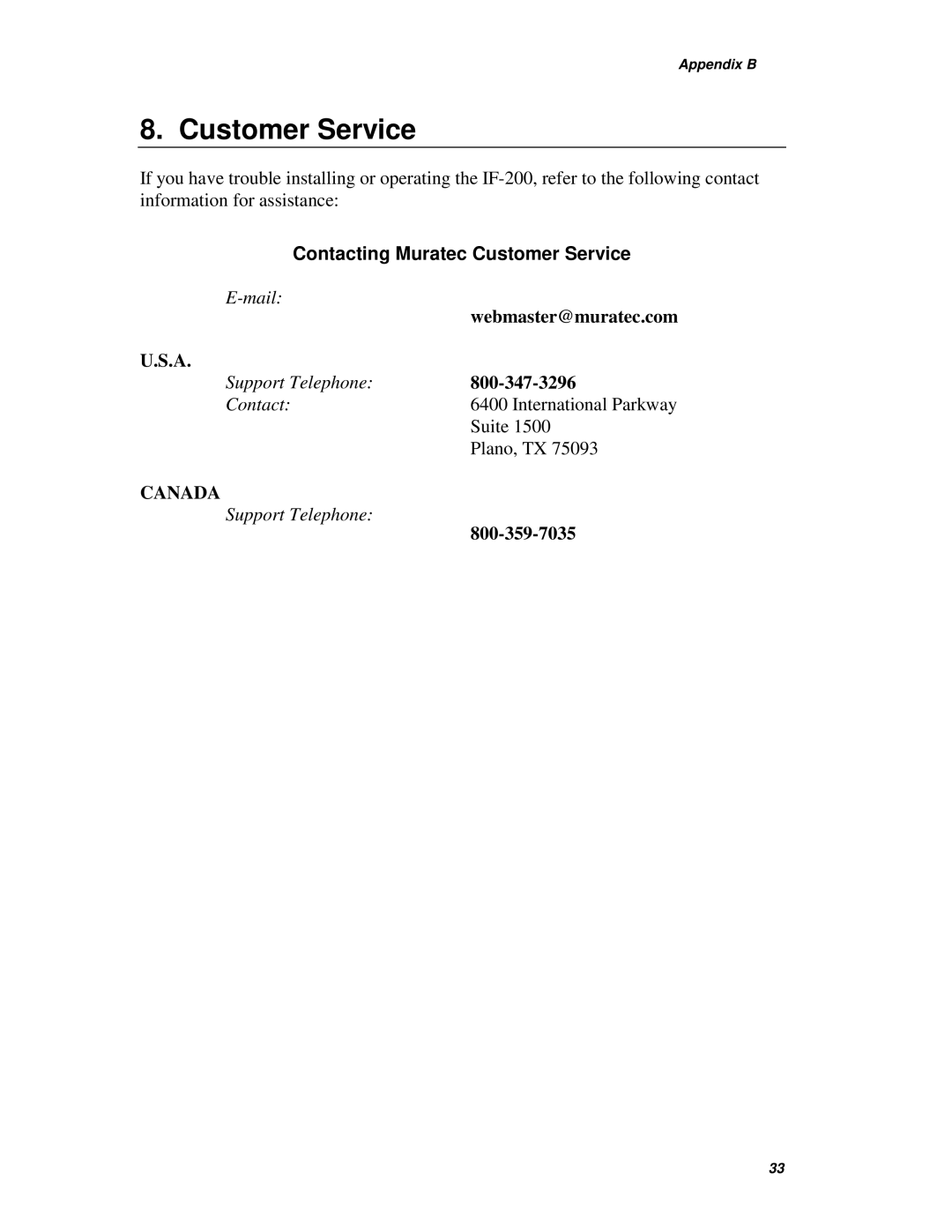 Muratec IF-200 operating instructions Contacting Muratec Customer Service 