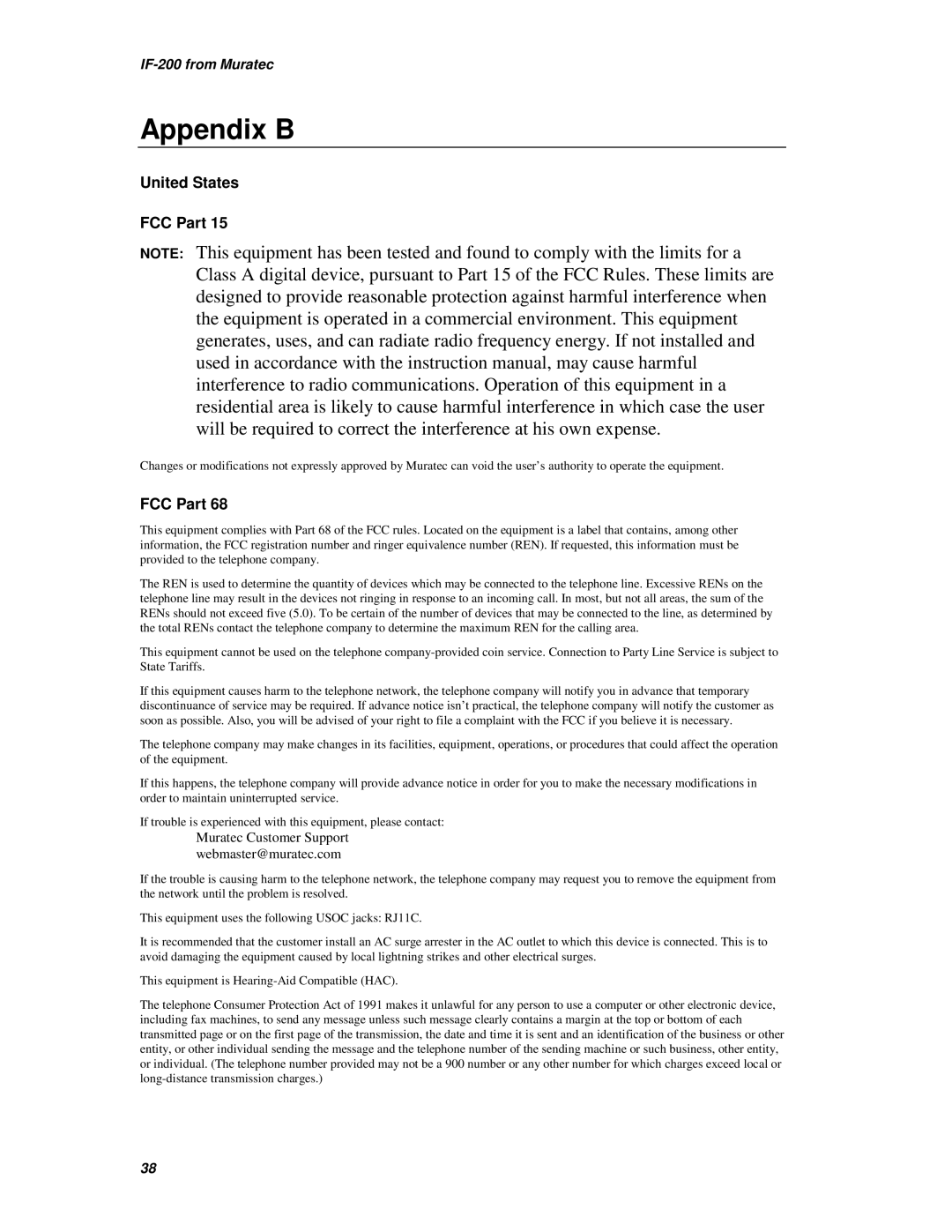 Muratec IF-200 operating instructions Appendix B, United States FCC Part 