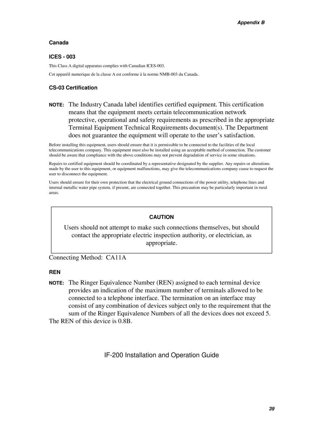 Muratec IF-200 operating instructions REN of this device is 0.8B 